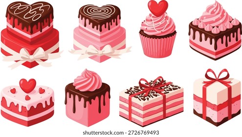 Dieses Bild zeigt eine lebendige Sammlung von acht Kuchen und Cupcakes, die eine Vielzahl von rosa, rot und weiß Farben zeigt. Die Desserts sind mit Schokolade, Frost und dekorativen Elementen wie Herzen und Bögen geschmückt. Das Bild auf einfarbigem schwarzem Hintergrund erscheint als digitale Illustration, die sich ideal für Werbung, Marketingmaterialien oder als grafisches Gestaltungselement für eine Bäckerei oder einen Dessertladen eignet.