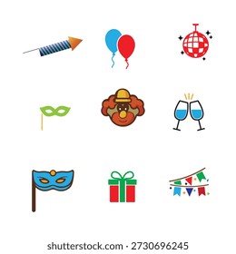 This image features a vibrant collection of nine distinct flat-design icons, each symbolizing different aspects of celebration, holidays, and special events. The icons include a rocket firework, a pair of red and blue party balloons, and a dazzling disco ball for festive nights. Below these are a green masquerade mask, a traditional Thanksgiving turkey, and two champagne glasses clinking in a toast. The bottom row showcases a blue masquerade mask, a wrapped gift box, and a colorful string of party bunting. Together, these elements represent a wide array of celebratory occasions, from New Year's and birthdays to masquerade balls and holiday feasts.