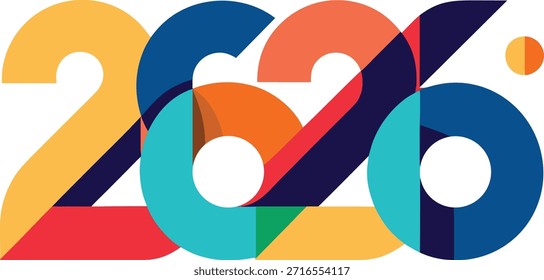 This image features a vibrant and colorful representation of the year 2026. The numbers are creatively designed with overlapping geometric shapes in various bright colors, including yellow, blue, red, and turquoise. The design is modern and artistic, making it a striking visual representation of the year 2026.
