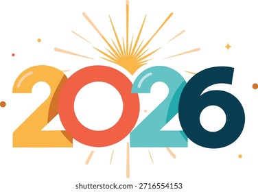Esta Imagen presenta una representación vibrante y colorida del año 2026. Los números se muestran en negritas, dígitos multicolores con un estallido de luz y estrellas que irradian desde el centro, simbolizando la celebración y los nuevos comienzos. El fondo es un blanco limpio, que acentúa los colores vivos de los números y el efecto de explosión.
