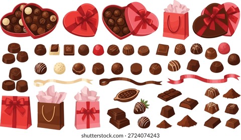 This image features a vibrant and colorful assortment of chocolates and gift bags arranged on a clean white background. The chocolates come in various shapes and sizes, including heart-shaped boxes, truffle-like pieces, and other decorative sweets. The gift bags are adorned with ribbons and bows, adding a touch of festivity to the overall display. The image appears to be a digital illustration, making it suitable for use in advertising, marketing materials, or as a decorative element for websites and social media.