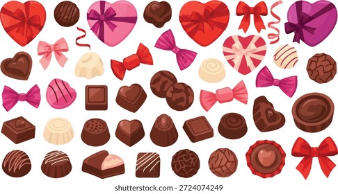 Esta Imagen cuenta con una vibrante y colorida variedad de chocolates y caramelos, perfecto para las celebraciones del Día de San Valentín. La ilustración incluye chocolates en forma de corazón, caramelos con lazos y cintas, y otros dulces. La variedad de colores rosa, rojo, púrpura, marrón y blanco se suma a la atmósfera festiva, lo que lo hace ideal para diseños y promociones de temática navideña.