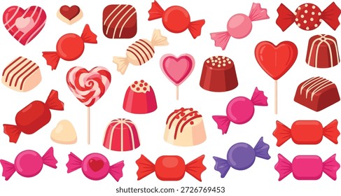 This image features a vibrant and colorful assortment of candies and sweets against a sleek black background. The collection includes a variety of heart-shaped chocolates, lollipops, and other sweet treats, perfect for Valentine's Day or any celebration. The illustration showcases a range of sugary delights, from classic candies to creative confections, sure to satisfy any sweet tooth.