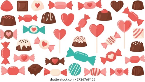 This image features a vibrant and colorful assortment of candies and sweets against a sleek black background. The variety includes heart-shaped lollipops, gummy candies, chocolates, and other sugary treats. The illustration showcases a range of sweet delights that are perfect for festive occasions like Valentine's Day. The colorful arrangement creates a lively and appetizing visual display.