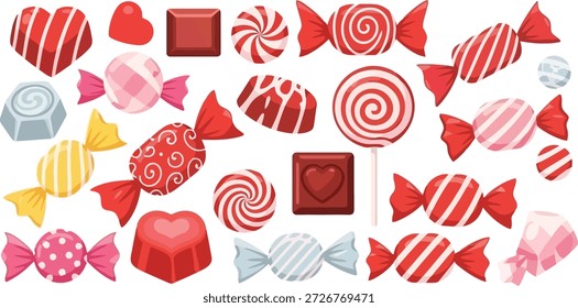 Esta Imagen cuenta con una vibrante y colorida variedad de caramelos y dulces dispuestos sobre un fondo negro. La colección incluye chocolates en forma de corazón, piruletas, caramelos de menta y varios otros tipos de dulces en patrones rojos, rosados, blancos y rayados. La ilustración muestra una variedad de texturas y diseños, lo que la hace perfecta para su uso en publicidad, empaques o medios digitales relacionados con confitería, postres o celebraciones.