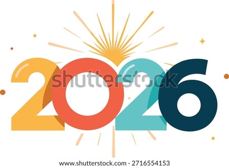 This image features a vibrant and colorful representation of the year 2026. The numbers are displayed in bold, multicolored digits with a burst of light and stars radiating from the center, symbolizing celebration and new beginnings. The background is a clean white, which accentuates the vivid colors of the numbers and the burst effect.