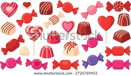This image features a vibrant and colorful assortment of candies and sweets against a sleek black background. The collection includes a variety of heart-shaped chocolates, lollipops, and other sweet treats, perfect for Valentine's Day or any celebration. The illustration showcases a range of sugary delights, from classic candies to creative confections, sure to satisfy any sweet tooth.