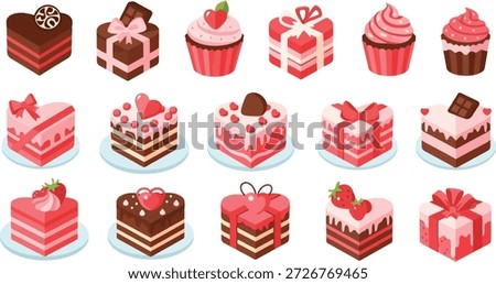 This image features a vibrant and colorful assortment of pink and brown cakes and cupcakes arranged on a sleek black background. The digital illustration showcases a variety of sweet treats, including gift-wrapped cakes, frosted cupcakes, and intricately designed pastries. The image is perfect for use in bakery advertisements, dessert menus, or culinary blogs, and is sure to satisfy any sweet tooth.