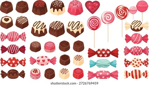 Esta Imagen presenta una variedad vibrante y diversa de caramelos y chocolates dispuestos sobre un elegante fondo negro. Las golosinas coloridas incluyen piruletas, chocolates, caramelos envueltos y sin envolver y corazones de chocolate. La ilustración muestra una variedad de texturas y patrones, lo que la hace perfecta para su uso en publicidad, Diseño gráfico o como elemento decorativo para fiestas y celebraciones.
