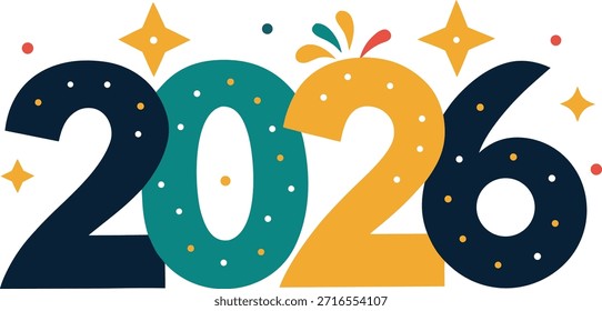 This image features a vibrant and festive representation of the year 2026. The numbers are creatively designed in bold, colorful fonts with sparkling stars and decorative elements surrounding them, conveying a sense of celebration and anticipation for the future. The use of bright colors and stars adds a lively and joyful atmosphere to the image.
