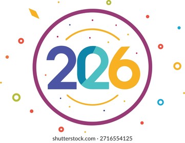 Esta Imagen presenta un diseño vibrante y festivo centrado alrededor del año 2026. Los números se muestran en Fuentes coloridas y audaces con un marco circular a su alrededor. Alrededor del círculo hay numerosos puntos y Formas Pequeñas y coloridas, que crean un ambiente animado y festivo. El tema general sugiere un sentimiento alegre y anticipatorio hacia el año 2026.