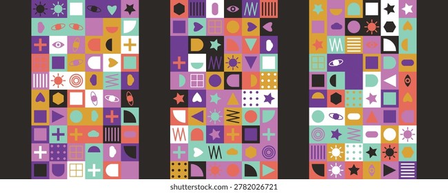 This image features a vibrant geometric pattern consisting of colorful shapes and symbols arranged in three columns on a dark background. The composition includes various geometric shapes, such as squ