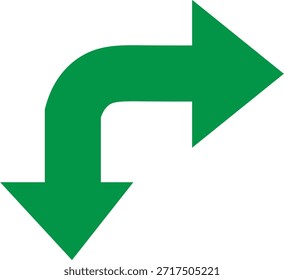 Esta imagem apresenta uma seta verde vibrante, apontando distintamente para a direita e para baixo. A seta serve como um indicador direcional claro, muitas vezes usado em sistemas de sinalização e wayfound para orientação.