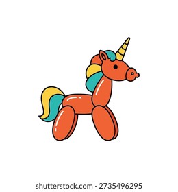 This image features a vibrant, inflated unicorn toy with a red body, yellow and blue mane and tail, and a white background. Featuring inflatable unicorn, colorful toy, balloon animal