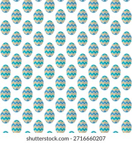This image features a vibrant and intricate pattern of Easter eggs. The eggs are decorated with various designs including polka dots, zigzags, and floral motifs. The predominant colors are blue, yellow, and pink, creating a festive and cheerful atmosphere. The eggs are arranged in a repeating, grid-like fashion, filling the entire background.