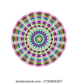 This image features a vibrant and intricate circular design resembling a mandala or a kaleidoscope. It's composed of numerous small, rhomboid shapes arranged in a concentric spiral pattern, radiating outwards from a central point. Each band of the spiral is filled with a distinct set of colors, including various shades of pink, green, teal, purple, brown, and beige, creating a visually dynamic and almost three-dimensional effect. The overall composition creates an optical illusion, drawing the eye towards the swirling center and giving the impression of movement. The stark white background enhances the vividness of the colorful geometric artwork.