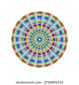 This image features a vibrant and intricate circular geometric pattern, resembling a mandala or a kaleidoscope. The design is composed of numerous small, diamond-like shapes arranged in concentric rings, which together create a powerful spiral illusion that draws the eye towards the center. A wide spectrum of colors is used, including various shades of green, blue, red, purple, and lighter pastel tones, all contributing to the dynamic and hypnotic effect. The precise arrangement of these colorful elements against a white background gives the artwork a sense of depth and movement, making it a compelling piece of abstract art or a visual representation of optical illusion.