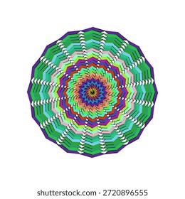 Dieses Bild zeigt ein lebendiges, aufwändiges Mandala-Design auf einem stark weißen Hintergrund. Das zentrale Motiv ist ein komplexes Radialmuster aus zahlreichen konzentrischen Ringen. Jeder Ring wird durch eine Reihe miteinander verbundener, chevronartiger oder zickzackförmiger Formen gebildet, die ein Gefühl von Tiefe und optischer Illusion erzeugen. Die Farbpalette ist reich und vielfältig und zeigt ein Spektrum heller Farbtöne, darunter tiefes Purpur, verschiedene Grün- und Blautöne, helle Rosa, lebendige Orangen und Rot. Diese Farben übergehen sanft zwischen den Ringen, was zu der dynamischen und fast hypnotischen Wirkung des Designs hinzukommt. Der Gesamteindruck ist von energetischer Symmetrie und bunter Komplexität, erinnert an ein Kaleidoskop oder ein digitales abstraktes Kunstwerk.