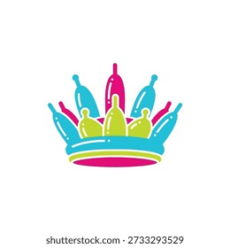 This image features a vibrant logo with a crown made of bowling pins in pink, blue, and yellow hues on a white background. Featuring crown shape, colorful logo, vibrant design