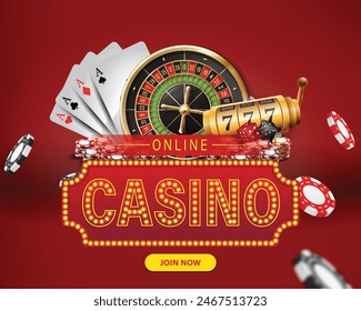 This image features a vibrant online casino ad with a roulette wheel, a slot machine, cards, and poker chips flying on a red background
