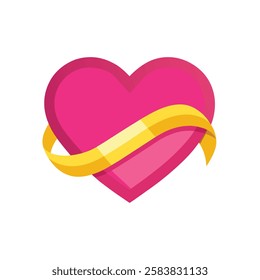 This image features a vibrant pink heart with a yellow ribbon wrapping around it in a smooth curve. The design is bold, modern, and set against a white background