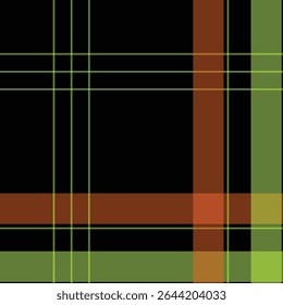 This image features a vibrant plaid fabric pattern with intersecting stripes of earthy green and deep brown over a solid black background. Perfect for textile design, fashion prints, home décor, or se