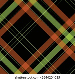 This image features a vibrant plaid fabric pattern with intersecting stripes of earthy green and deep brown over a solid black background. Perfect for textile design, fashion prints, home décor, or se