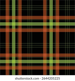 This image features a vibrant plaid fabric pattern with intersecting stripes of earthy green and deep brown over a solid black background. Perfect for textile design, fashion prints, home décor, or se