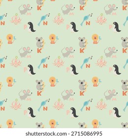 Dieses Bild zeigt ein lebendiges und spielerisches Muster mit verschiedenen Tieren und Buchstaben. Der Hintergrund ist ein weiches Minzgrün, geschmückt mit wiederholten Illustrationen eines Elefanten, Koala, Tintenfisch und Pinguin. Jedes Tier ist in einem niedlichen und cartoonischen Stil dargestellt, mit musikalischen Noten. Die Buchstaben 'K', 'N' und 'P' werden in Rot und Orange hervorgehoben dargestellt und fügen dem Design ein dynamisches Element hinzu. Die Gesamtkomposition ist fröhlich und lehrreich, sodass sie für Kindergegenstände oder dekorative Zwecke geeignet ist.