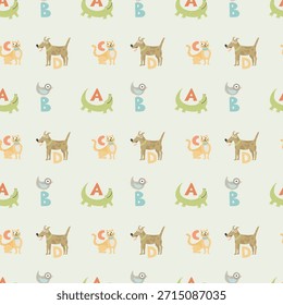 This image features a vibrant and playful pattern with various animals and letters of the alphabet. The design includes cartoon-style dogs, crocodiles, and birds, each accompanied by large, colorful letters. The background is light, creating a cheerful and educational atmosphere. The pattern repeats across the image, making it suitable for educational materials, children's decor, or fabric designs.