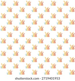 This image features a vibrant and playful pattern of bunnies. Each bunny is depicted in a cartoonish style with bright colors, including yellow, pink, and blue. The bunnies are arranged in a repeating grid, creating a cheerful and whimsical design that is perfect for various decorative purposes.