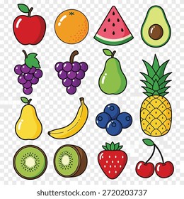 Esta Imagen presenta una colección vibrante y juguetona de varias frutas ilustradas en un estilo de dibujos animados. Las frutas incluyen una manzana, naranja, sandía, aguacate, uvas, pera, plátano, arándanos, piña, kiwi y fresas. Cada fruta está representada con colores brillantes y diseños simples y atractivos, lo que la convierte en una representación alegre y atractiva de una alimentación saludable.