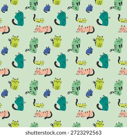 Esta Imagen presenta un patrón vibrante y juguetón de varias ilustraciones de gatos. Los gatos se representan en diferentes colores, incluidos verde, azul, amarillo y rosa. Cada gato tiene una expresión y pose únicas, que se suman a la naturaleza caprichosa del diseño. El fondo es de color verde claro, que complementa los colores brillantes de los gatos y crea una atmósfera alegre. Este patrón se puede utilizar con fines decorativos, como en tela, Fondo de pantalla o papelería.