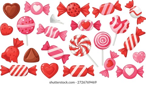 This image features a vibrant and playful assortment of candies and sweets arranged on a sleek black background. The colorful treats include lollipops, chocolates, and other sugary delights in shades of pink, red, and white. The illustration is perfect for use in designs related to Valentine's Day, celebrations, or simply to add a touch of whimsy to any project.