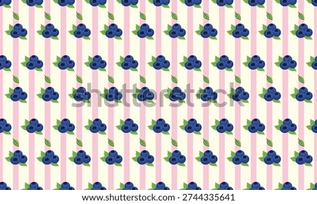 This image features a vibrant and playful pattern of blueberries and green leaves on a pink and white striped background. The illustration is perfect for use in various design projects, such as fabric, wallpaper, gift wrapping, and more. The colorful and whimsical design is sure to add a touch of fun and delight to any room or product.