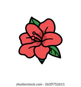 This image features a vibrant red flower illustration with a bold black outline, complemented by green leaves. The flower is isolated against a white background.