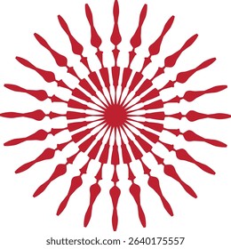This image features a vibrant red sunburst or starburst design set against a plain white background. The central circular core radiates numerous elongated, pointed rays, each with a distinct.