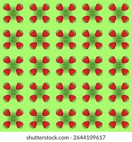 This image features a vibrant, repeating pattern of strawberries against a rich green background. Each square tile contains a stylized red strawberry with white seeds and a green leafy top.