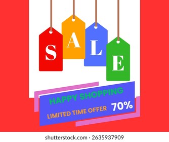 This image features a vibrant "SALE" banner with hanging tags, promoting a "LIMITED TIME OFFER" of "70%" off to encourage happy shopping.