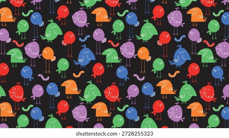Esta Imagen presenta un patrón vibrante y sin fisuras de coloridos pájaros de dibujos animados en rojo, verde, azul, púrpura y naranja posados sobre o cerca de gusanos ondulados sobre un fondo negro para un efecto juguetón y caprichoso.