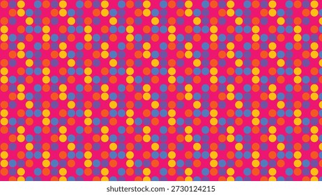 Esta imagem apresenta um padrão vibrante de bolinhas sem emenda com círculos multicoloridos em rosa quente, azul brilhante, amarelo e roxo em um fundo rosa vívido, evocando um design retro divertido e energético.