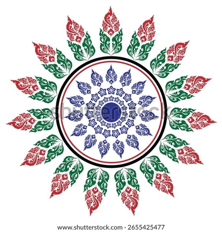 This image features a vibrant traditional Thai mandala design, radiating outwards with concentric layers of stylized motifs. The innermost circle is a solid blue
