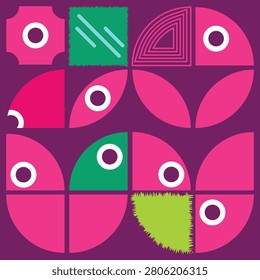 This image features a visually striking geometric composition comprising various pink, green, and purple shapes. The arrangement includes circles, semicircles, and abstract polygonal forms, some with white circular accents. A distinctive green square with diagonal lines and a lime-green fuzzy section add texture and contrast. The background is a rich, deep purple, providing a bold backdrop for the colorful shapes. The overall effect is a dynamic and modern graphic design that could be used in a variety of creative projects, from digital media to print materials.