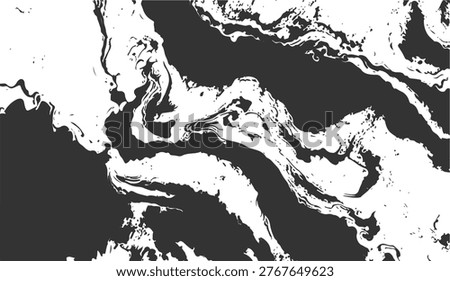 This image features a visually striking abstract map with swirling gray and white patterns, resembling river flows or geological formations on a white background, creating a unique and captivating vis