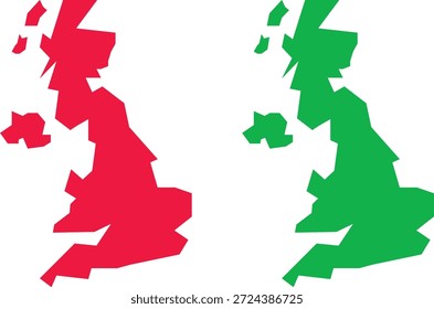This image features a vivid depiction of the United Kingdom's map, rendered in contrasting red and green hues. The distinctive silhouette style adds a bold and modern aesthetic to the geographical representation. high-quality professional detailed elegant stylish clean crisp vibrant