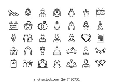 This image features wedding, marriage, bride, groom, love, ceremony, celebration, couple. Wedding and Marriage Outline Icons Vector Illustration Set