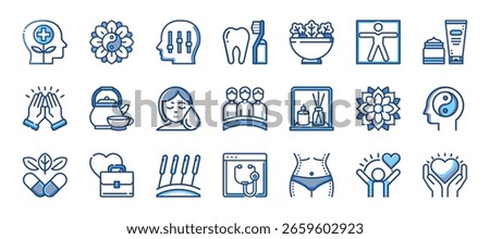 This image features wellness, healthcare, icons, mental health, dental care, nutrition, medical services, therapy. Collection of wellness and healthcare icons 