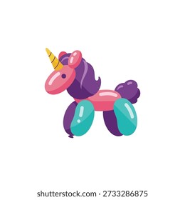 Esta imagem apresenta um unicórnio balão caprichoso com uma combinação vibrante de cores rosa, roxo e azul-petróleo, definido contra um fundo branco limpo, exalando um humor divertido e alegre