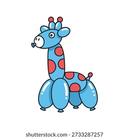 This image features a whimsical balloon giraffe toy with a playful design, standing upright on a clean white background, showcasing bright blue and red polka dots, a cheerful expression, and a lighthearted, festive mood