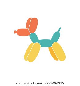 This image features a whimsical balloon dog crafted from twisted balloons in vibrant yellow, blue, and orange colors, resembling a playful puppy with a cheerful and festive mood, set against a clean white background
